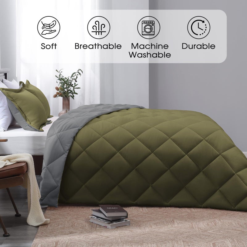 Basic Beyond Queen Comforter Set - Olive Green Comforter Set Queen, Reversible Bed Comforter Queen Set for All Seasons, Olive Green/Charcoal Gray, 1 Comforter (88"x92") and 2 Pillow Shams (20"x26"+2") - Image 2